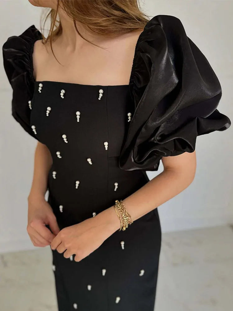 Zarino Elegant Vintage Square Collar Dress โ Short Puff Sleeves Slim Fit Ankle-Length Dress for Women, Spring 2025