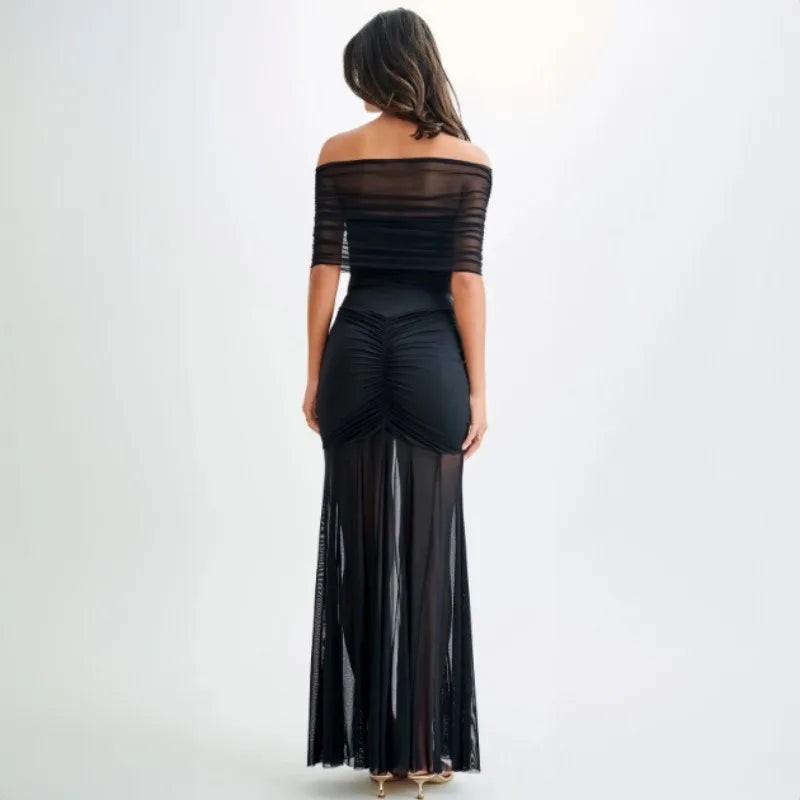 Zarino Mesh Patchwork One-Shoulder Long Dress, Sexy Sleeveless Pleated Slim Fit Party & Evening Dress – Elegant Solid Fall Fashion