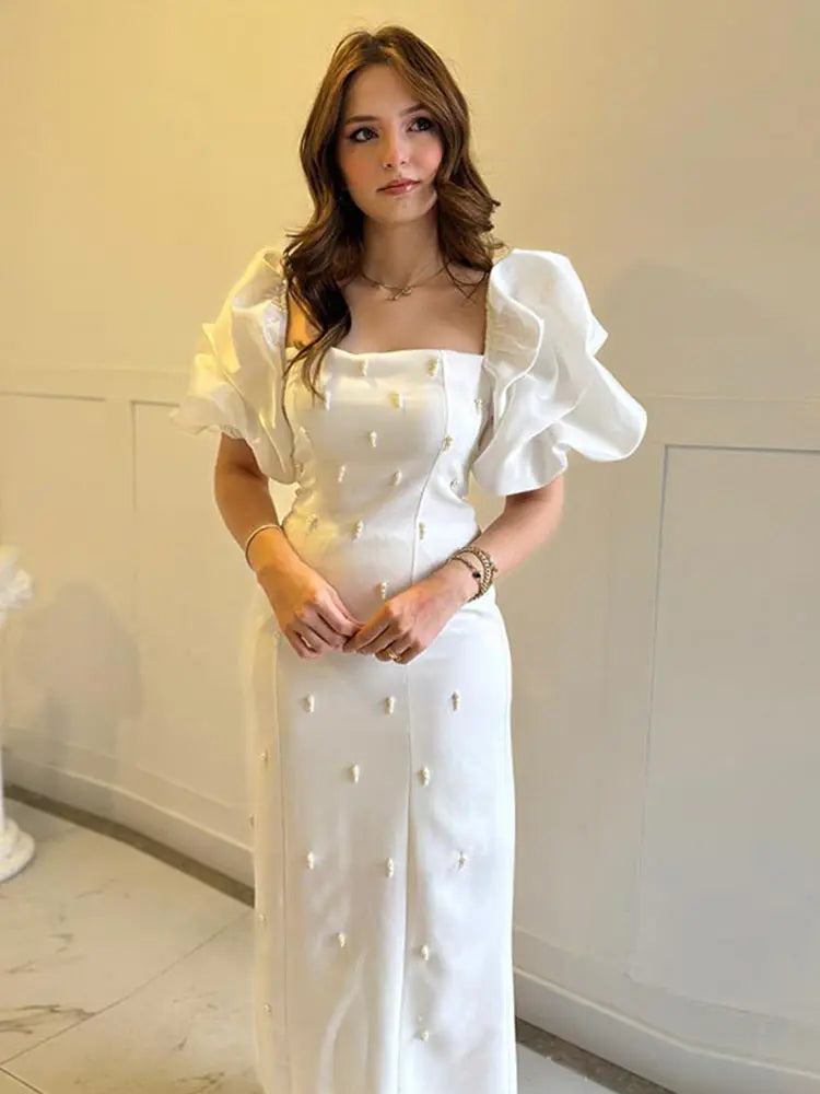 Zarino Elegant Vintage Square Collar Dress โ Short Puff Sleeves Slim Fit Ankle-Length Dress for Women, Spring 2025