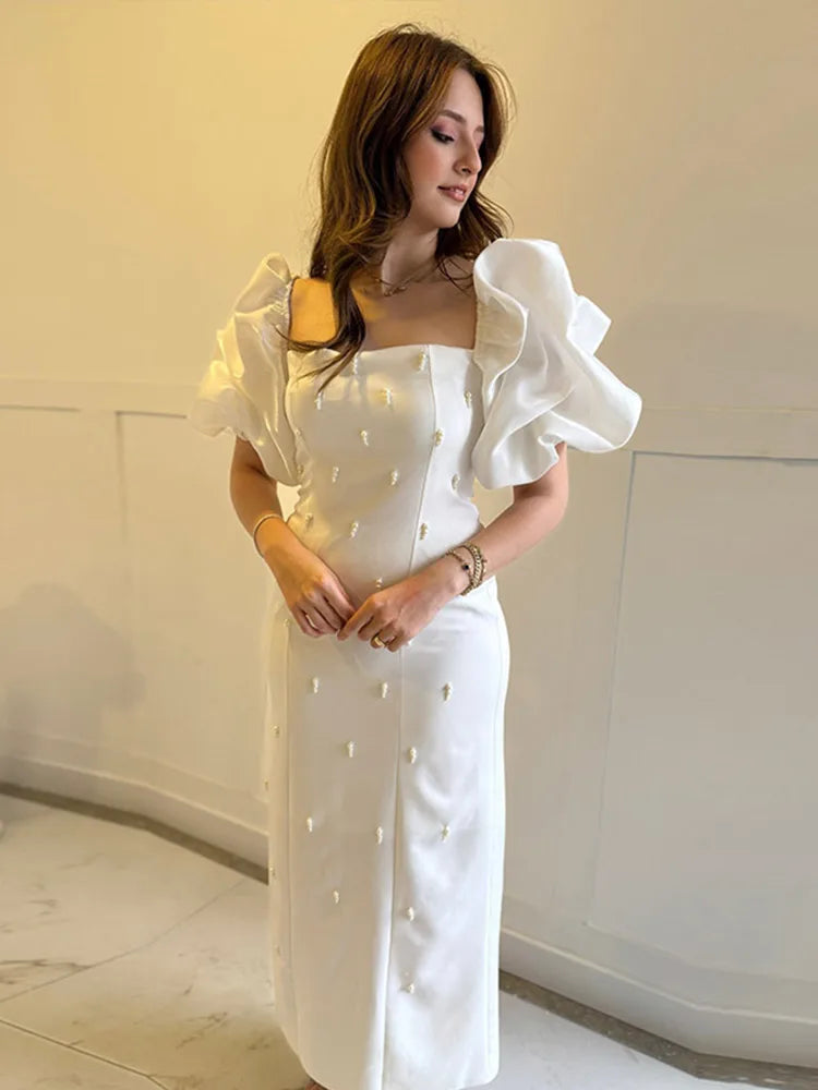 Zarino Elegant Vintage Square Collar Dress โ Short Puff Sleeves Slim Fit Ankle-Length Dress for Women, Spring 2025