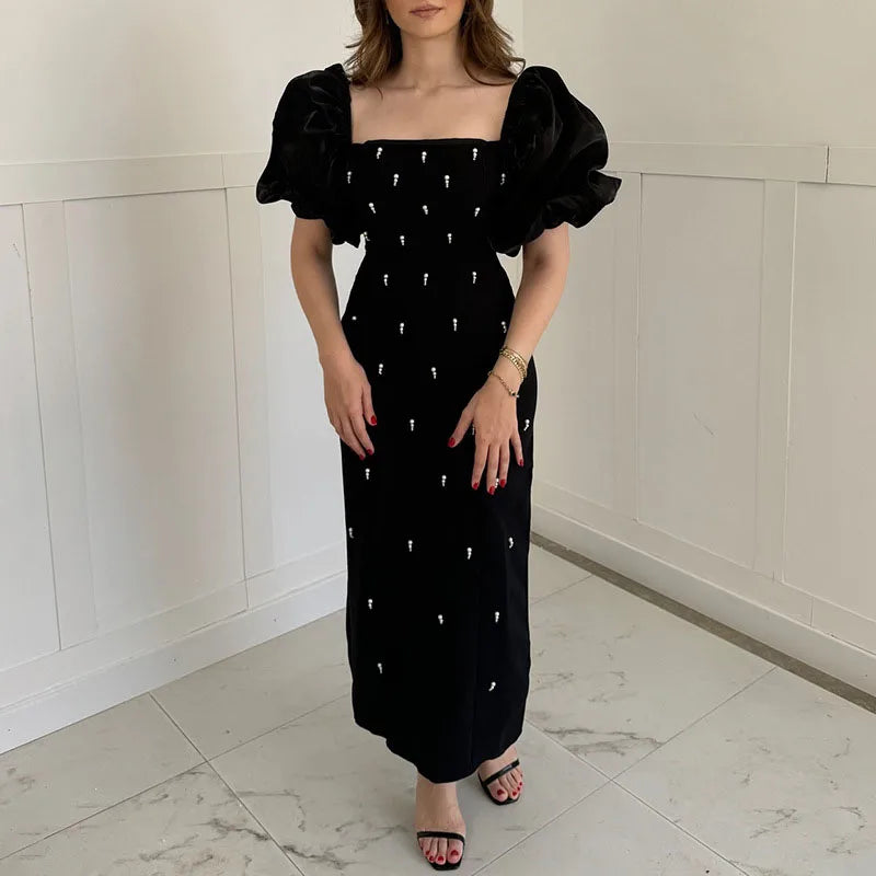 Zarino Elegant Vintage Square Collar Dress โ Short Puff Sleeves Slim Fit Ankle-Length Dress for Women, Spring 2025