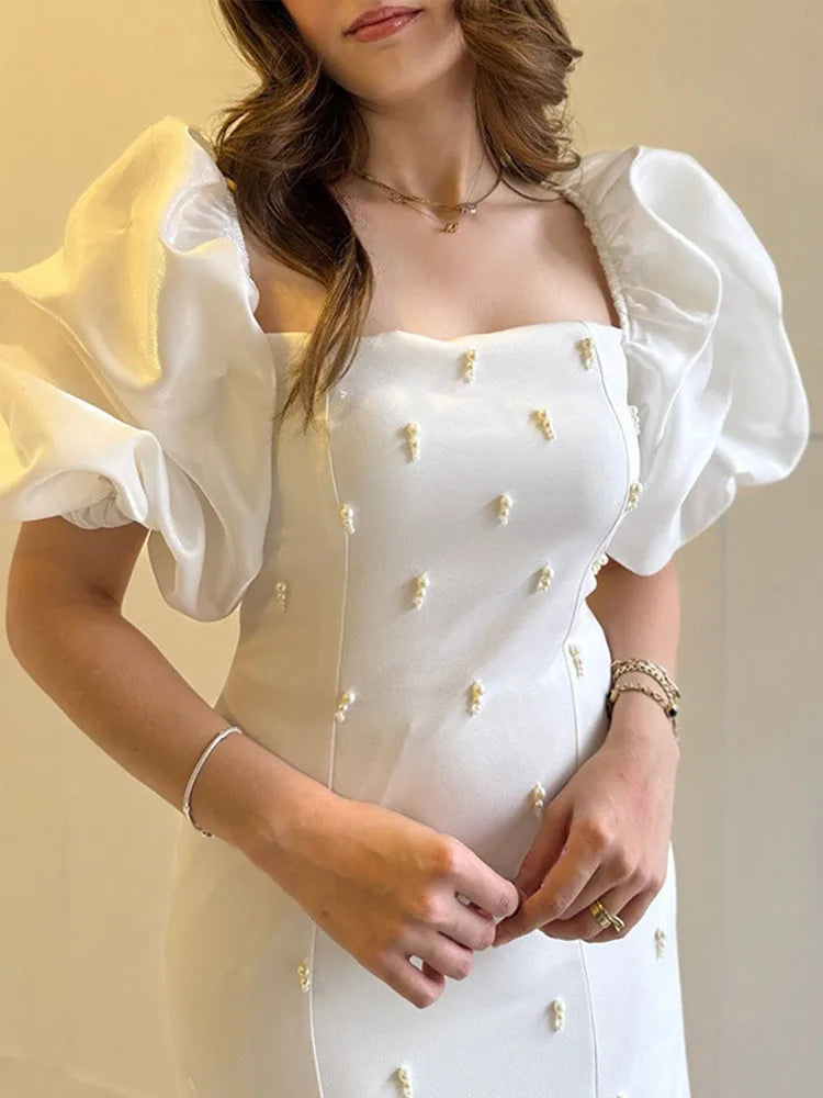 Zarino Elegant Vintage Square Collar Dress โ Short Puff Sleeves Slim Fit Ankle-Length Dress for Women, Spring 2025