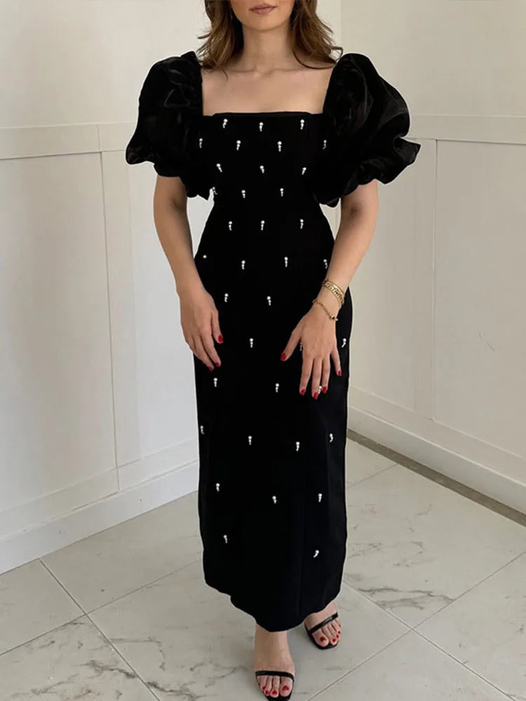 Zarino Elegant Vintage Square Collar Dress โ Short Puff Sleeves Slim Fit Ankle-Length Dress for Women, Spring 2025