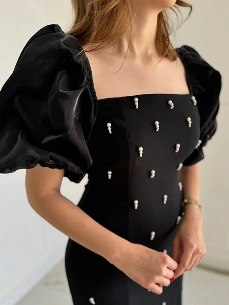 Zarino Elegant Vintage Square Collar Dress โ Short Puff Sleeves Slim Fit Ankle-Length Dress for Women, Spring 2025