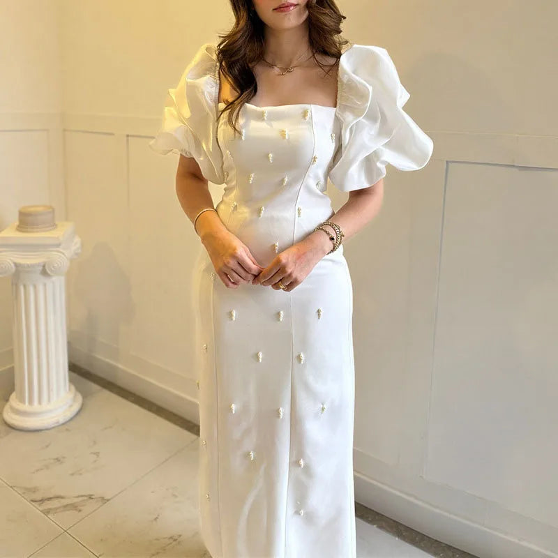 Zarino Elegant Vintage Square Collar Dress โ Short Puff Sleeves Slim Fit Ankle-Length Dress for Women, Spring 2025