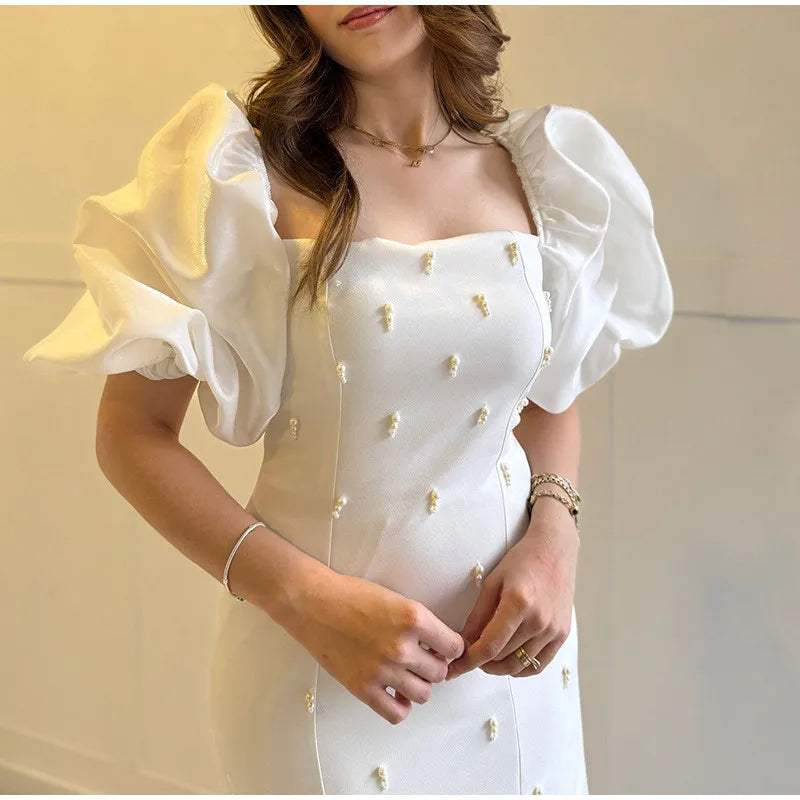 Zarino Elegant Vintage Square Collar Dress โ Short Puff Sleeves Slim Fit Ankle-Length Dress for Women, Spring 2025