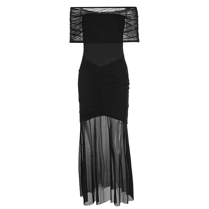 Zarino Mesh Patchwork One-Shoulder Long Dress, Sexy Sleeveless Pleated Slim Fit Party & Evening Dress – Elegant Solid Fall Fashion